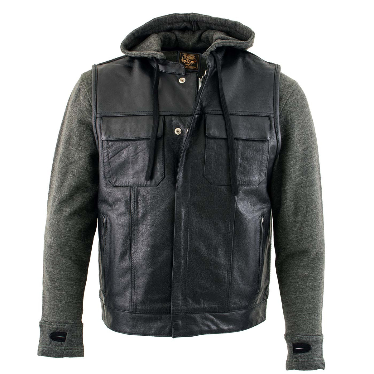 Men's 2 in 1 Classic Black Premium Leather Motorcycle Hoodie Jacket w/ Convertible Vest