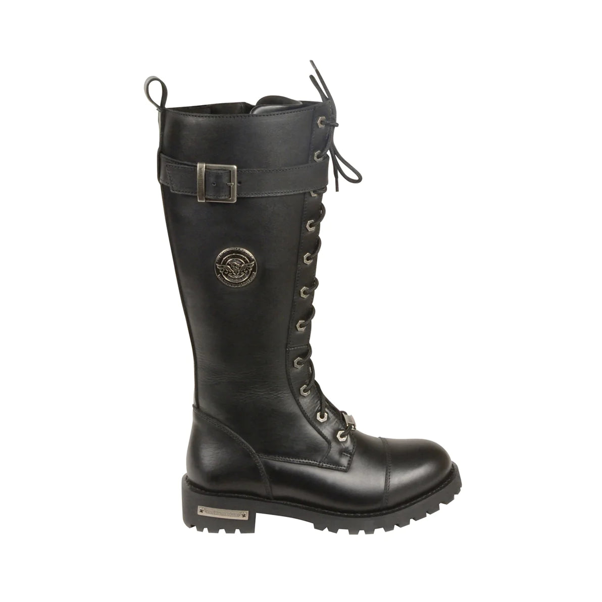 LADIES MOTORCYCLE 14 INCH LACE TO TOE HIGH RISE LEATHER BOOT W/ CALF BUCKLE