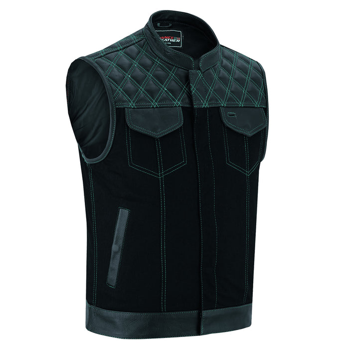 Men's Denim & Leather Motorcycle Vest with Conceal Carry Pockets, SOA Biker Club Vest Green Stitching, Diamond Padding, Snap & Zipper Closure