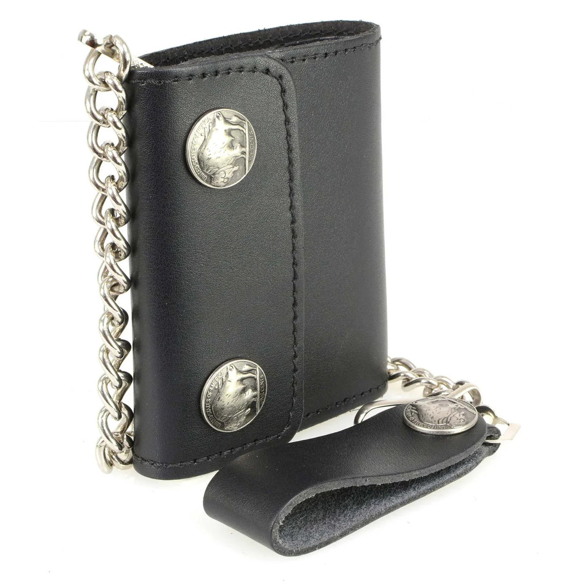 Men's 4” Leather Biker Tr-Fold Wallet w/Buffalo Nickel Snaps Wallet w/ Anti-Theft Stainless Steel Chain