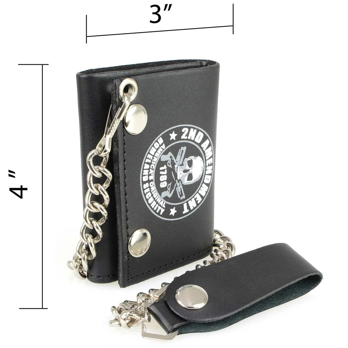 Men's 4” Leather “2nd Amendment” Tri-Fold Wallet w/ Anti-Theft Stainless Steel Chain