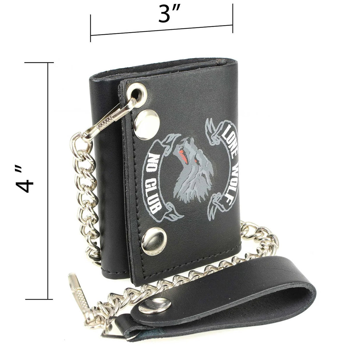 Men's 4” Leather “Lone Wolf No Club” Tri-Fold Wallet w/ Anti-Theft Stainless Steel Chain