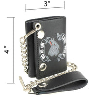 Men's 4” Leather “Lone Wolf No Club” Tri-Fold Wallet w/ Anti-Theft Stainless Steel Chain