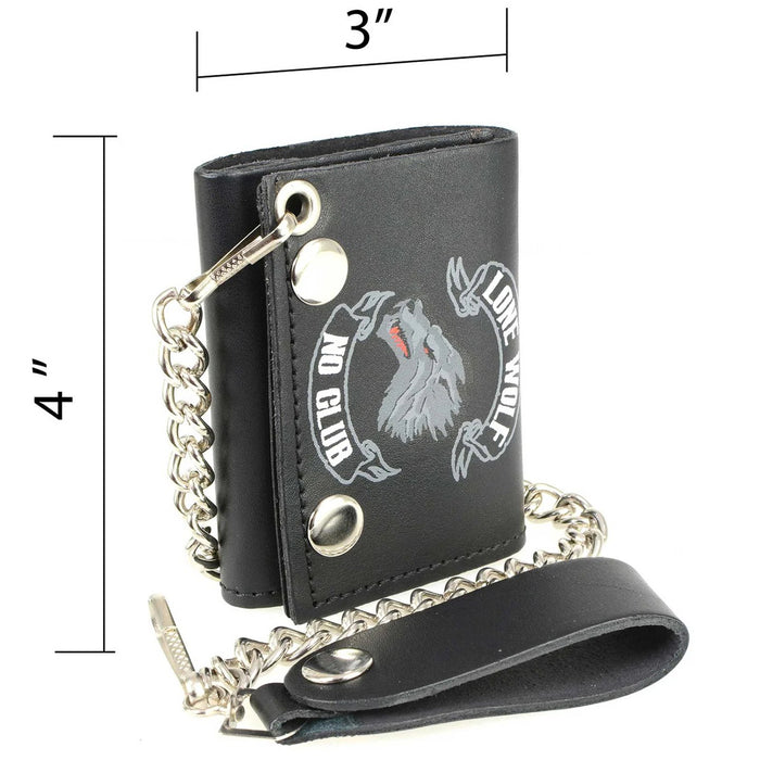 Men's 4” Leather “Lone Wolf No Club” Tri-Fold Wallet w/ Anti-Theft Stainless Steel Chain