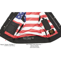 Men's Black Premium Leather Motorcycle Rider Vest w/ Red Stitching and USA Inside Flag Lining