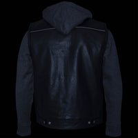 Men's 2 in 1 Classic Black Premium Leather Motorcycle Hoodie Jacket w/ Convertible Vest