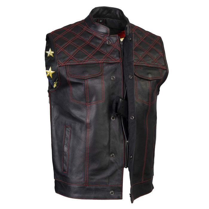 Men's Classic Black Premium Leather Motorcycle Vest with USA Flag Liner