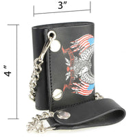 Men's 4” Leather “Eagle w/ Flag” Tri-Fold Wallet w/ Anti-Theft Stainless Steel Chain