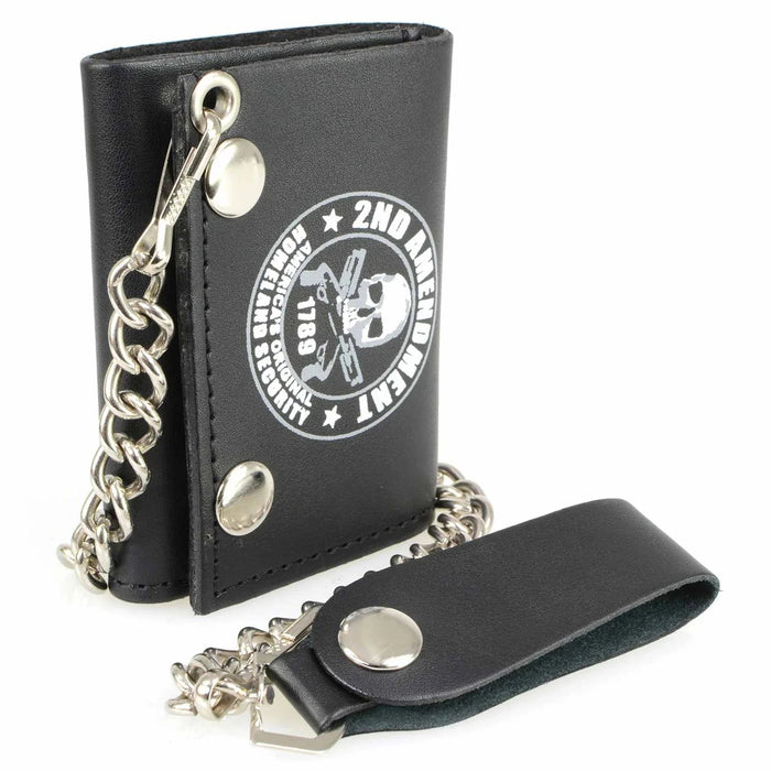 Men's 4” Leather “2nd Amendment” Tri-Fold Wallet w/ Anti-Theft Stainless Steel Chain
