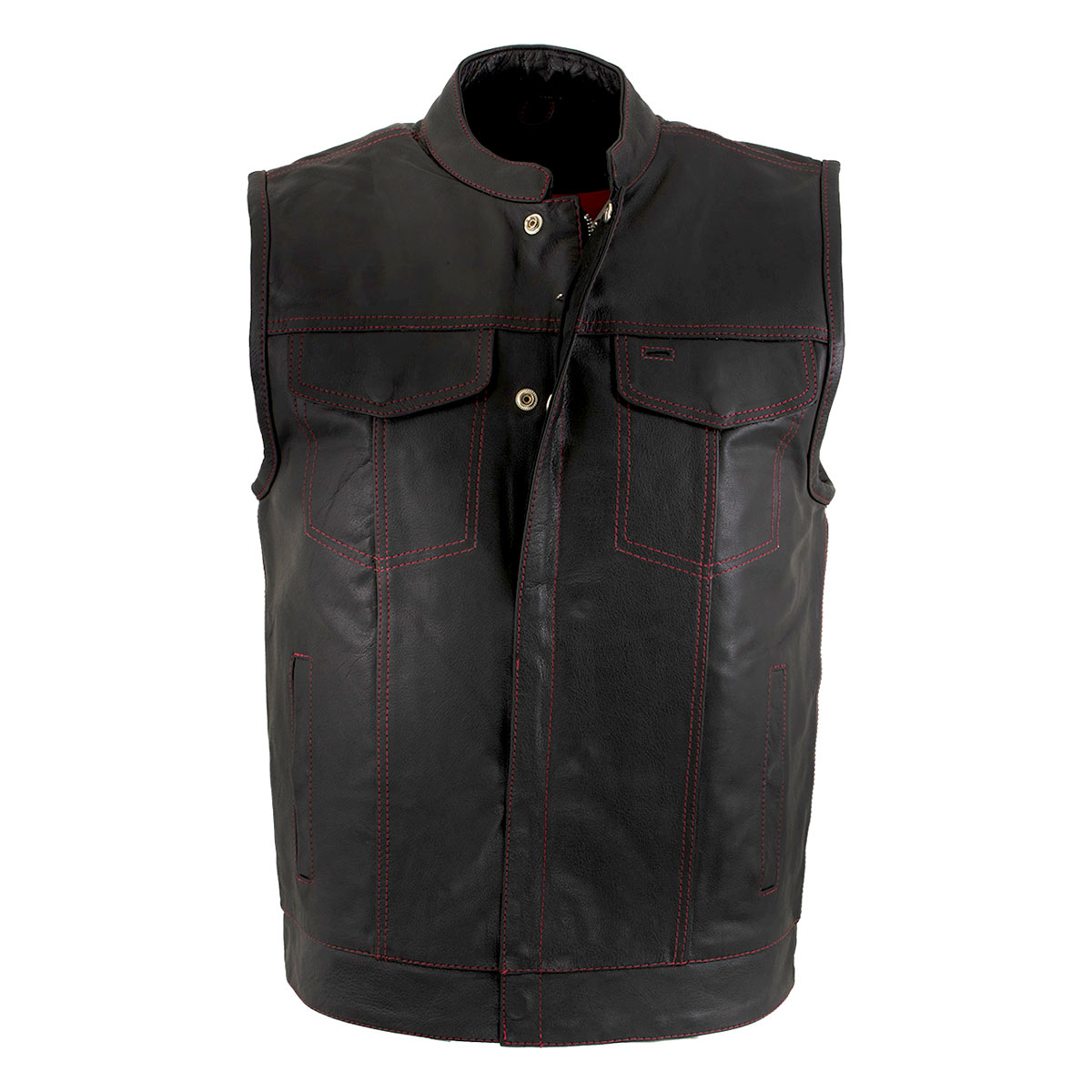 Men's Black Premium Leather Motorcycle Rider Vest w/ Red Stitching and USA Inside Flag Lining