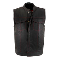 Men's Black Premium Leather Motorcycle Rider Vest w/ Red Stitching and USA Inside Flag Lining