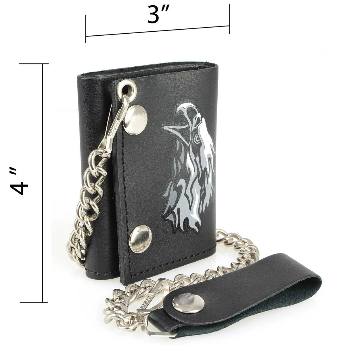 Men's 4” Leather “Flaming Eagle” Tri-Fold Wallet w/ Anti-Theft Stainless Steel Chain