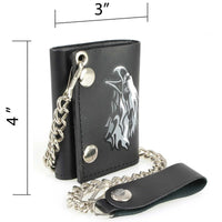 Men's 4” Leather “Flaming Eagle” Tri-Fold Wallet w/ Anti-Theft Stainless Steel Chain