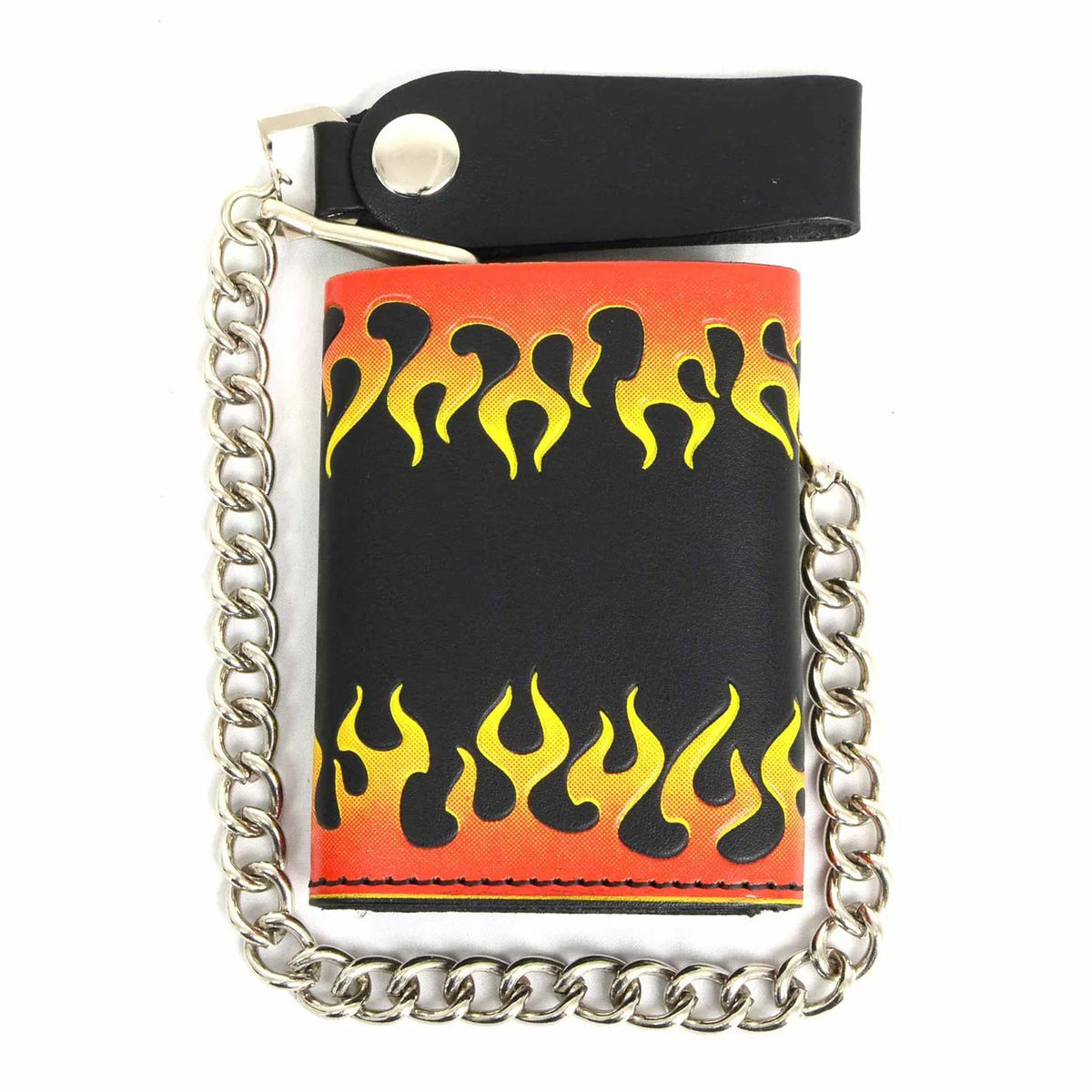 Men's 4” Leather “Flamed” Tri-Fold Biker Wallet w/ Anti-Theft Stainless Steel Chain