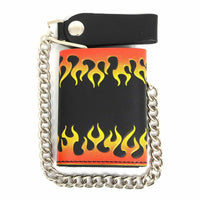 Men's 4” Leather “Flamed” Tri-Fold Biker Wallet w/ Anti-Theft Stainless Steel Chain