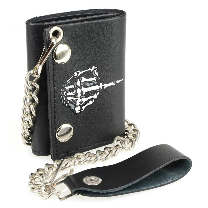 Men's 4” Leather “Skeleton Finger” Tri-Fold Wallet w/ Anti-Theft Stainless Steel Chain