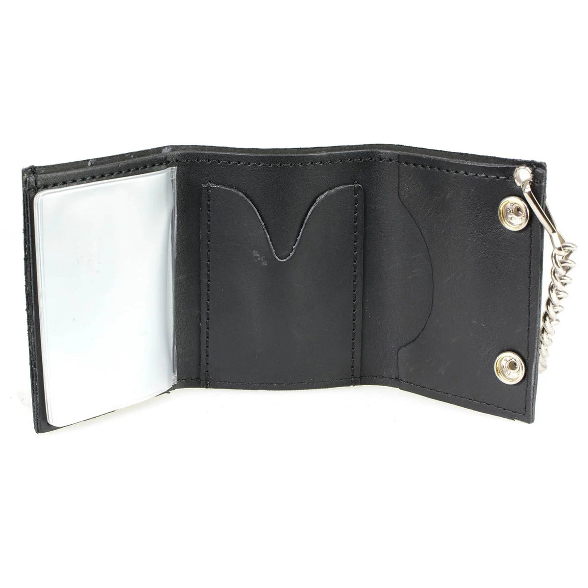 Men's 4” Leather “Triple Skull” Tri-Fold Wallet w/ Anti-Theft Stainless Steel Chain