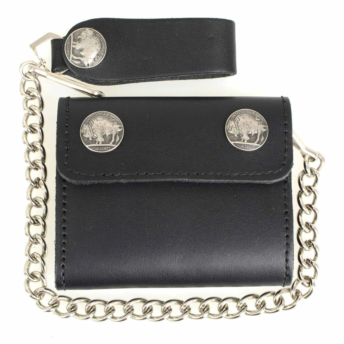 Men's 4” Leather Biker Tr-Fold Wallet w/Buffalo Nickel Snaps Wallet w/ Anti-Theft Stainless Steel Chain