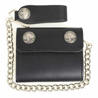 Men's 4” Leather Biker Tr-Fold Wallet w/Buffalo Nickel Snaps Wallet w/ Anti-Theft Stainless Steel Chain