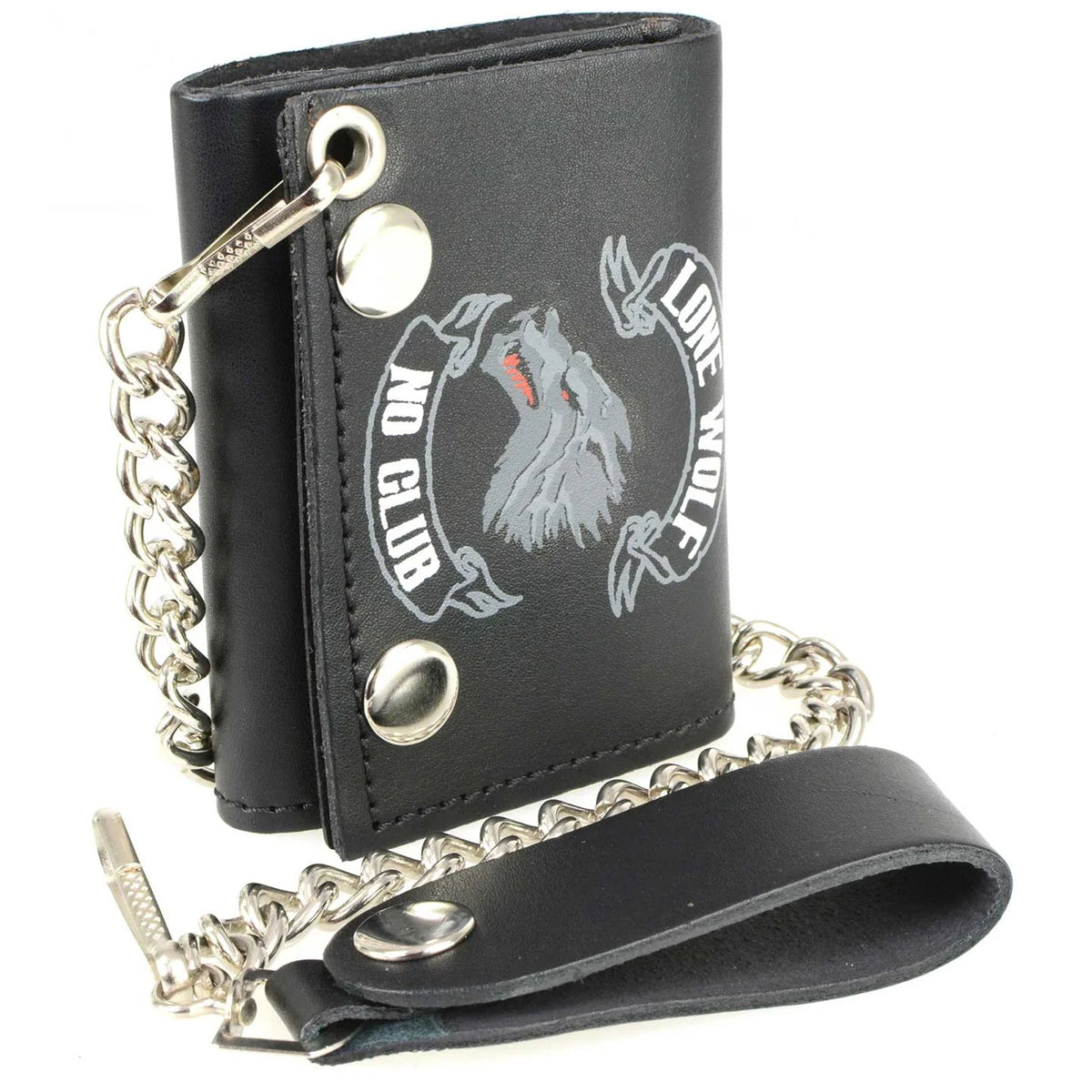 Men's 4” Leather “Lone Wolf No Club” Tri-Fold Wallet w/ Anti-Theft Stainless Steel Chain