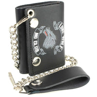 Men's 4” Leather “Lone Wolf No Club” Tri-Fold Wallet w/ Anti-Theft Stainless Steel Chain