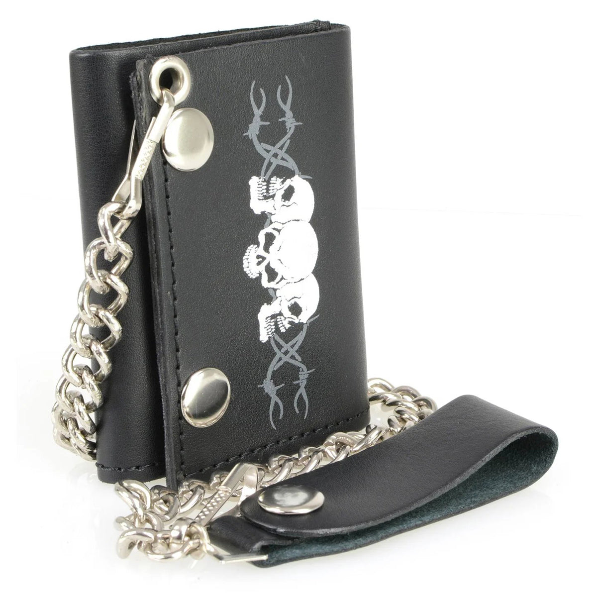Men's 4” Leather “Triple Skull” Tri-Fold Wallet w/ Anti-Theft Stainless Steel Chain