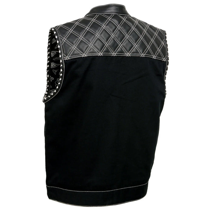 Men's 'Wrecker' Black Denim and Leather Club Style Vest w/ Diamond Quilt Design