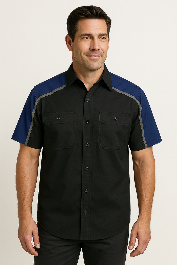 Men's Black and Blue Button Up Mechanic Shirt w/ Reflective Stripe