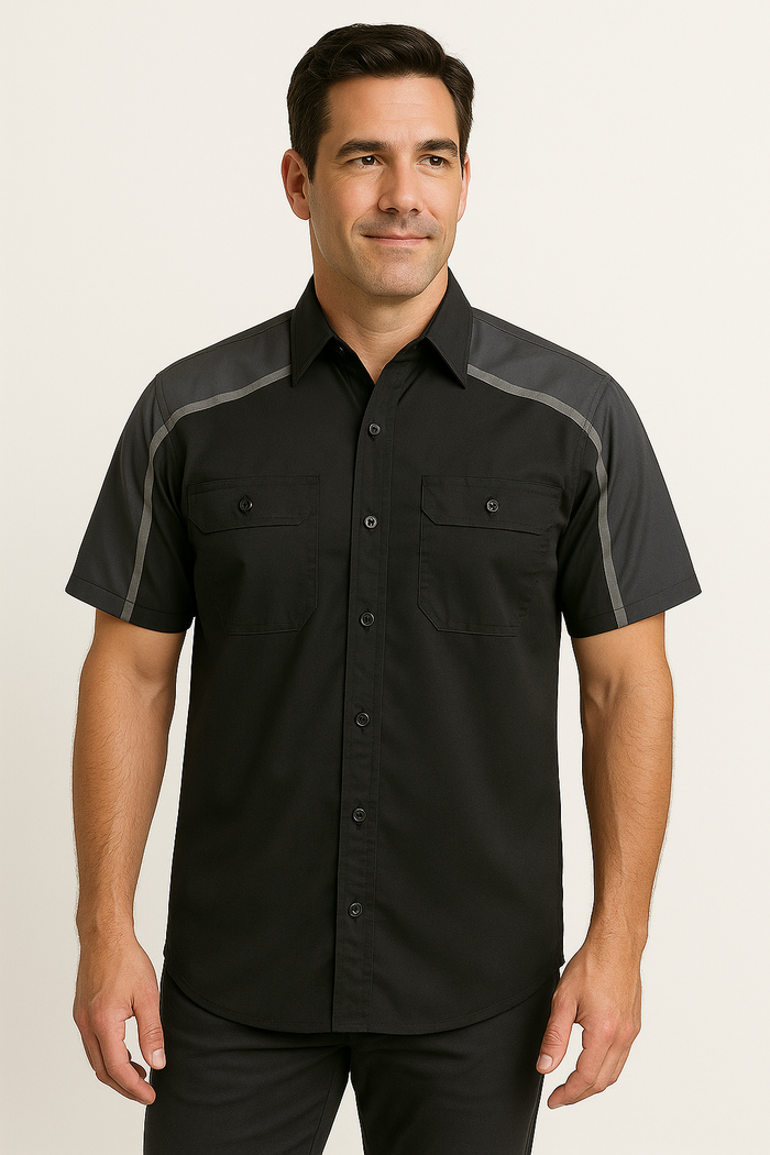 Men's Black and Grey Button Up Mechanic Shirt w/ Reflective Stripe