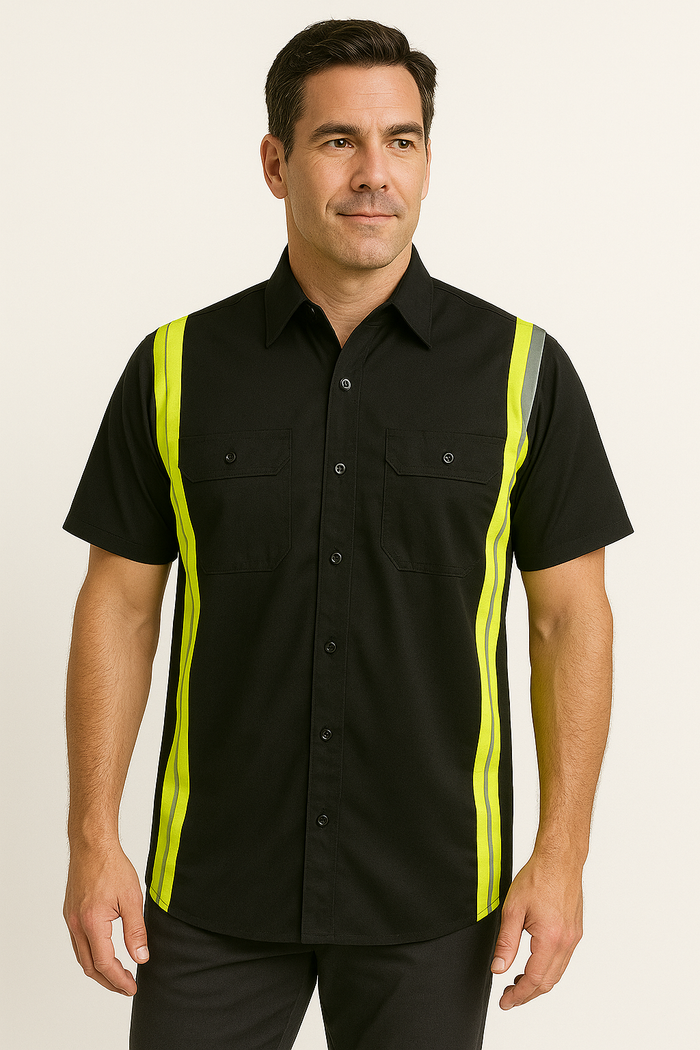 Men's Black and Neon-Green Button Up Mechanic Shirt w/ Reflective Stripe