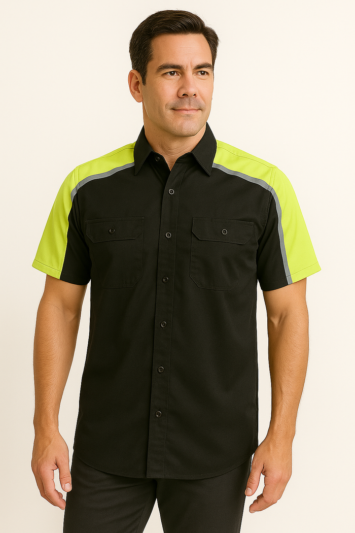Men's Black and Neon-Green Button Up Mechanic Shirt w/ Reflective Stripe