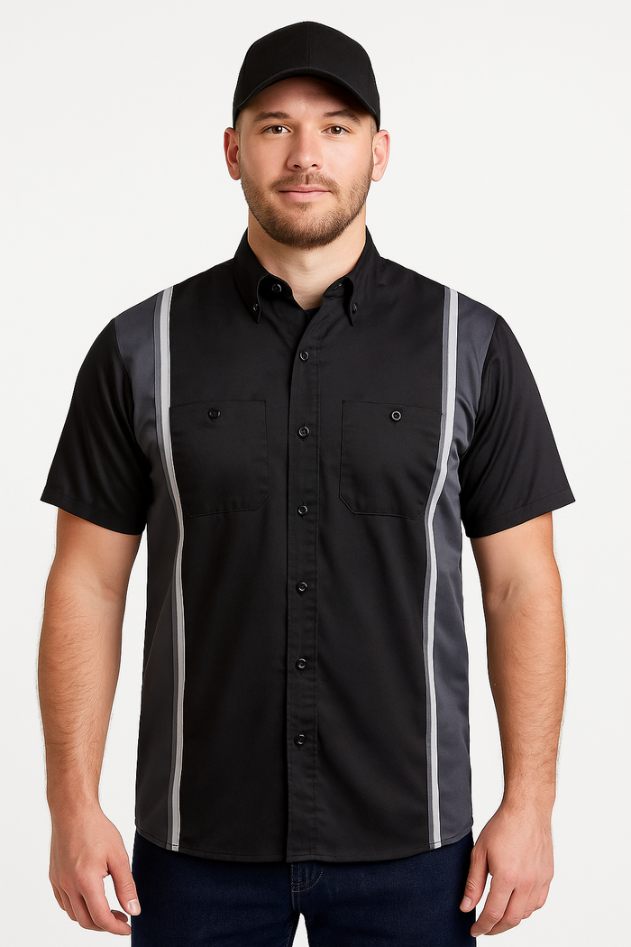 Men's Classic Black and Grey Button Up Mechanic Shirt w/ Reflective Stripe