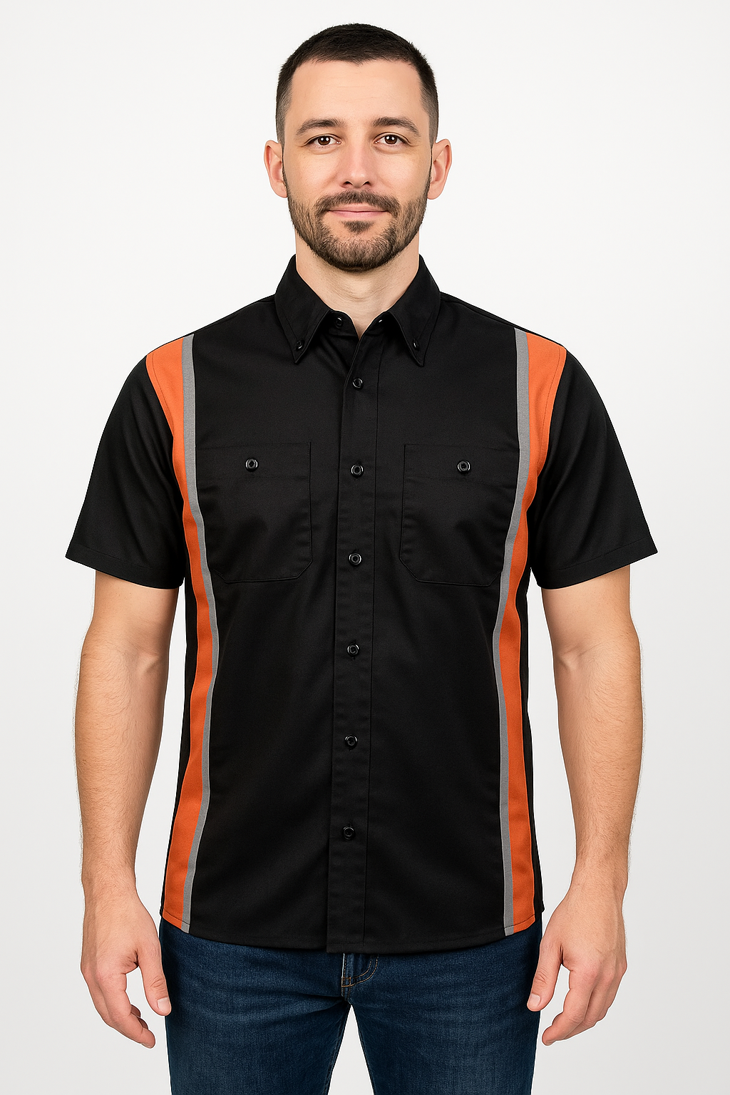 Men's Classic Black and Orange Button Up Mechanic Shirt w/ Reflective Stripe