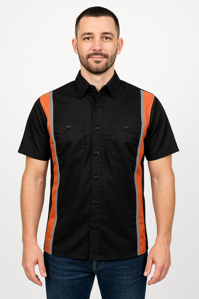 Men's Classic Black and Orange Button Up Mechanic Shirt w/ Reflective Stripe