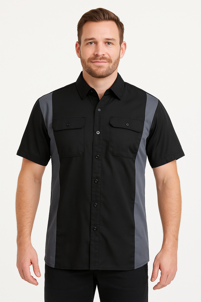 Black and Grey Button Up Heavy-Duty Work Shirt for Men's, Classic Mechanic Work Shirt