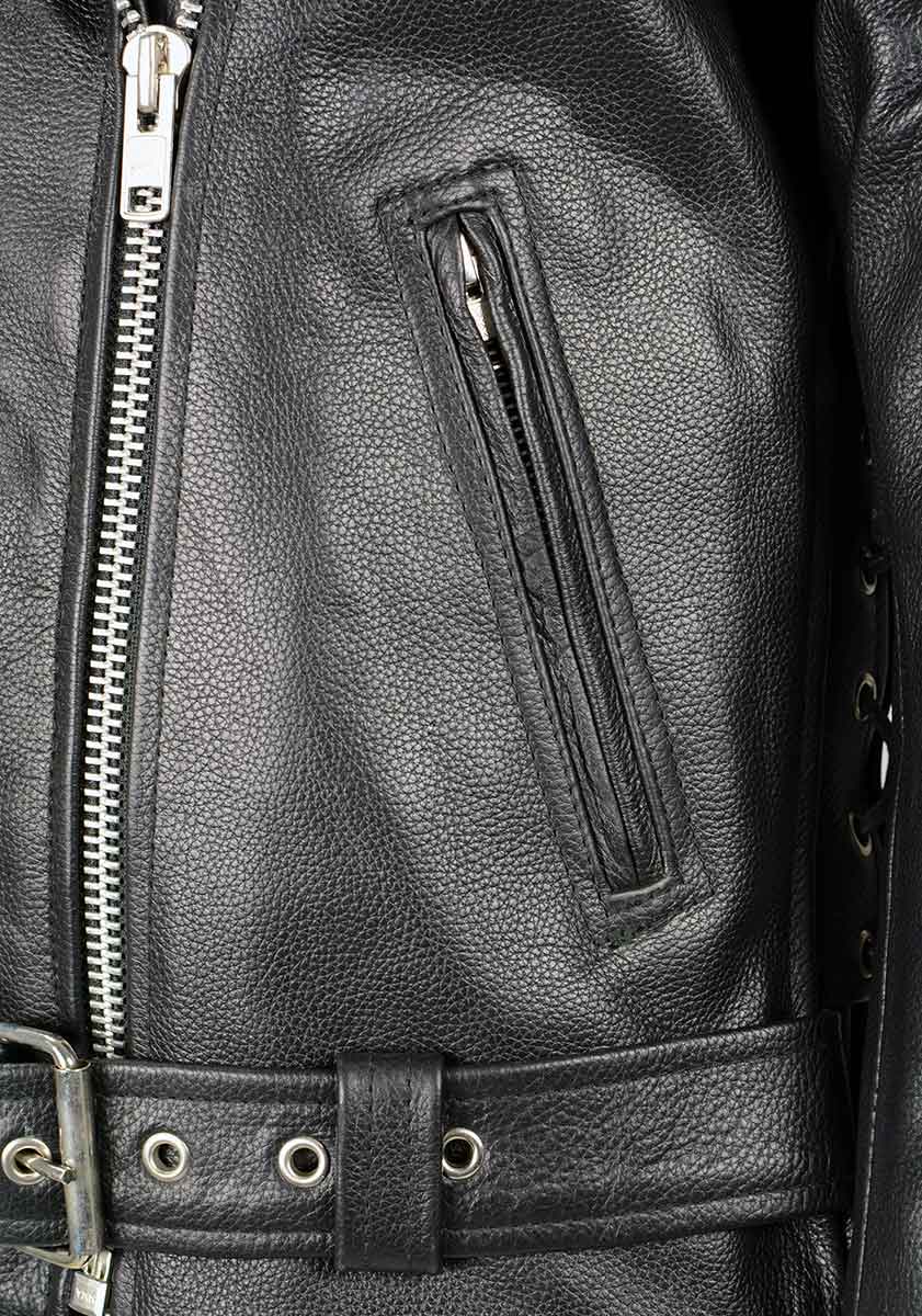Ladies Classic Black Leather Police Style Jacket with Side Laces
