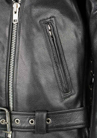 Ladies Classic Black Leather Police Style Jacket with Side Laces