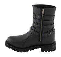 Womens 9 Inch Black Triple Buckle Leather Harness Boot with Side Zipper Entry