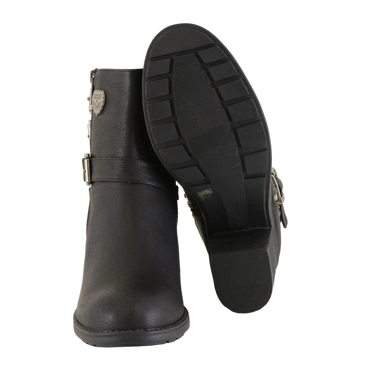 Womens Black Boots with Side Zipper and Triple Buckle Adjustment