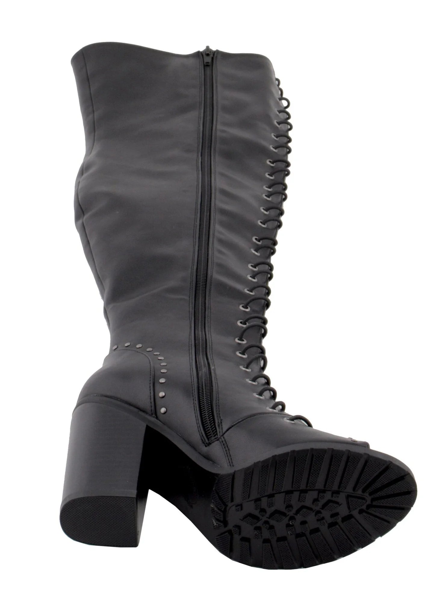 Womens Black Lace-Up Knee High Boots with Open Toe