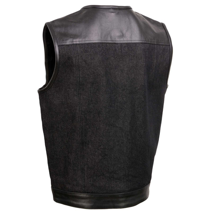 Men's 'Brute' Concealed Snap Black Denim and Black Leather Club Style Vest w/ Hidden Zipper