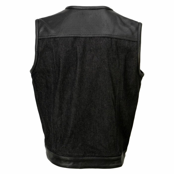 Men's 'Brute' Black Perforated Leather and Denim Club Style Vest w/ Hidden Dual Closure