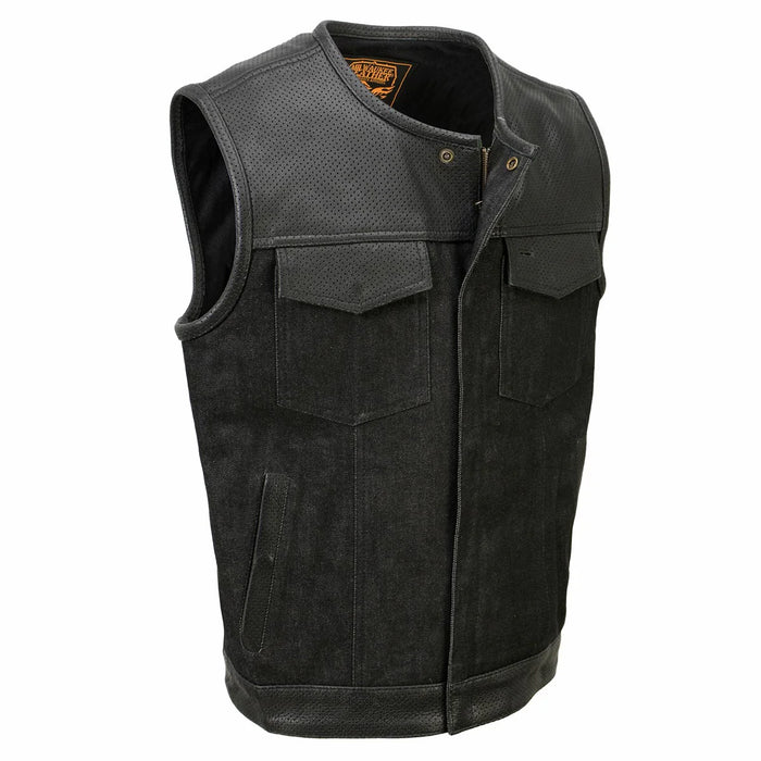 Men's 'Brute' Black Perforated Leather and Denim Club Style Vest w/ Hidden Dual Closure