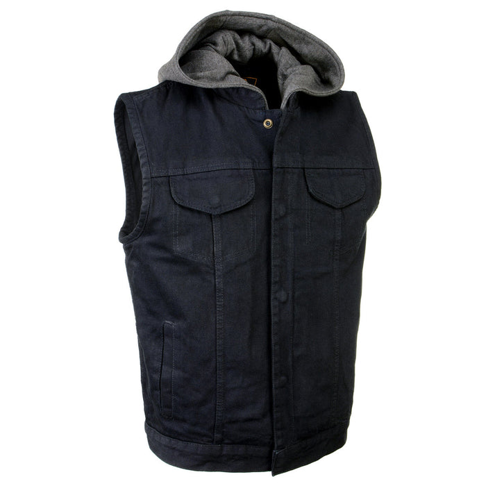 Men's 'Rustic' Black Denim Motorcycle Riding Vest with Hoodie and Quick Draw Pocket