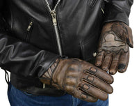 Men's Brown Leather i-Touch Screen Compatible Gel Palm Motorcycle Gloves W/ Protective Knuckle