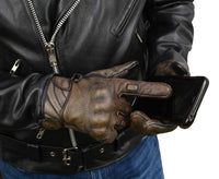 Men's Brown Leather i-Touch Screen Compatible Gel Palm Motorcycle Gloves W/ Protective Knuckle