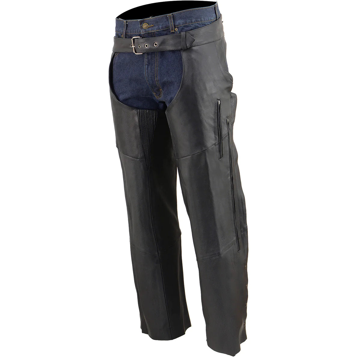 Men's Black Vented Motorcycle Leather Chaps with Stretch Thighs