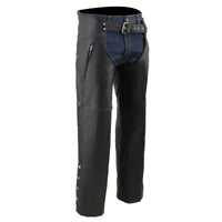 Men's Classic Black Leather Motorcycle Chaps with Zipper Thigh Pocket