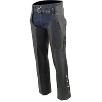 Men's Classic Black Leather Motorcycle Chaps with Zipper Thigh Pocket