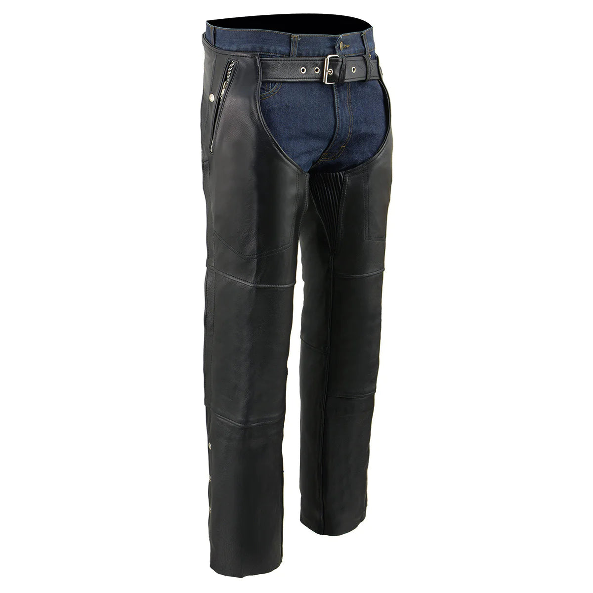 Men's Black Leather Four Pocket Thermal Lined Motorcycle Chaps